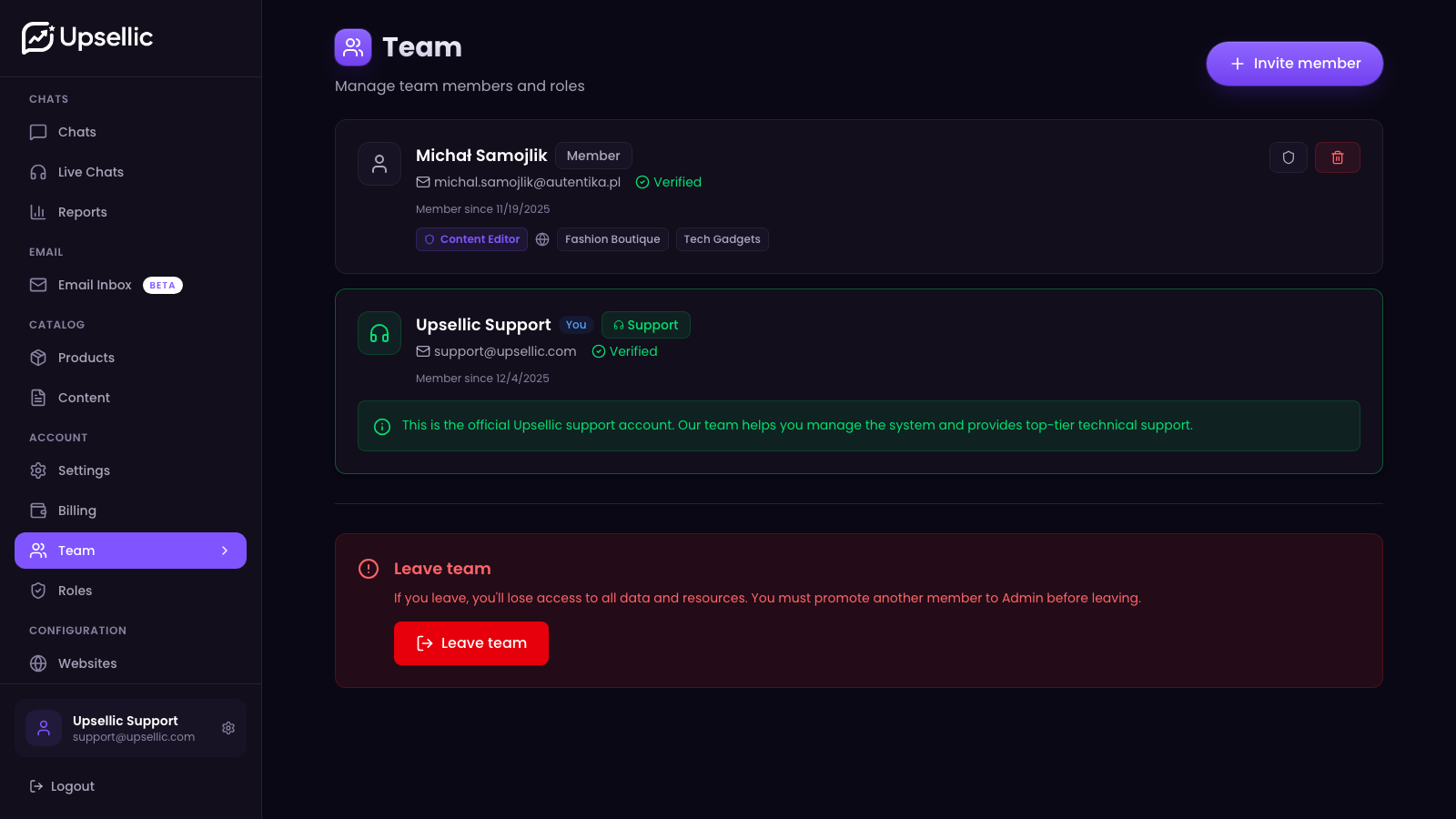 Team members list