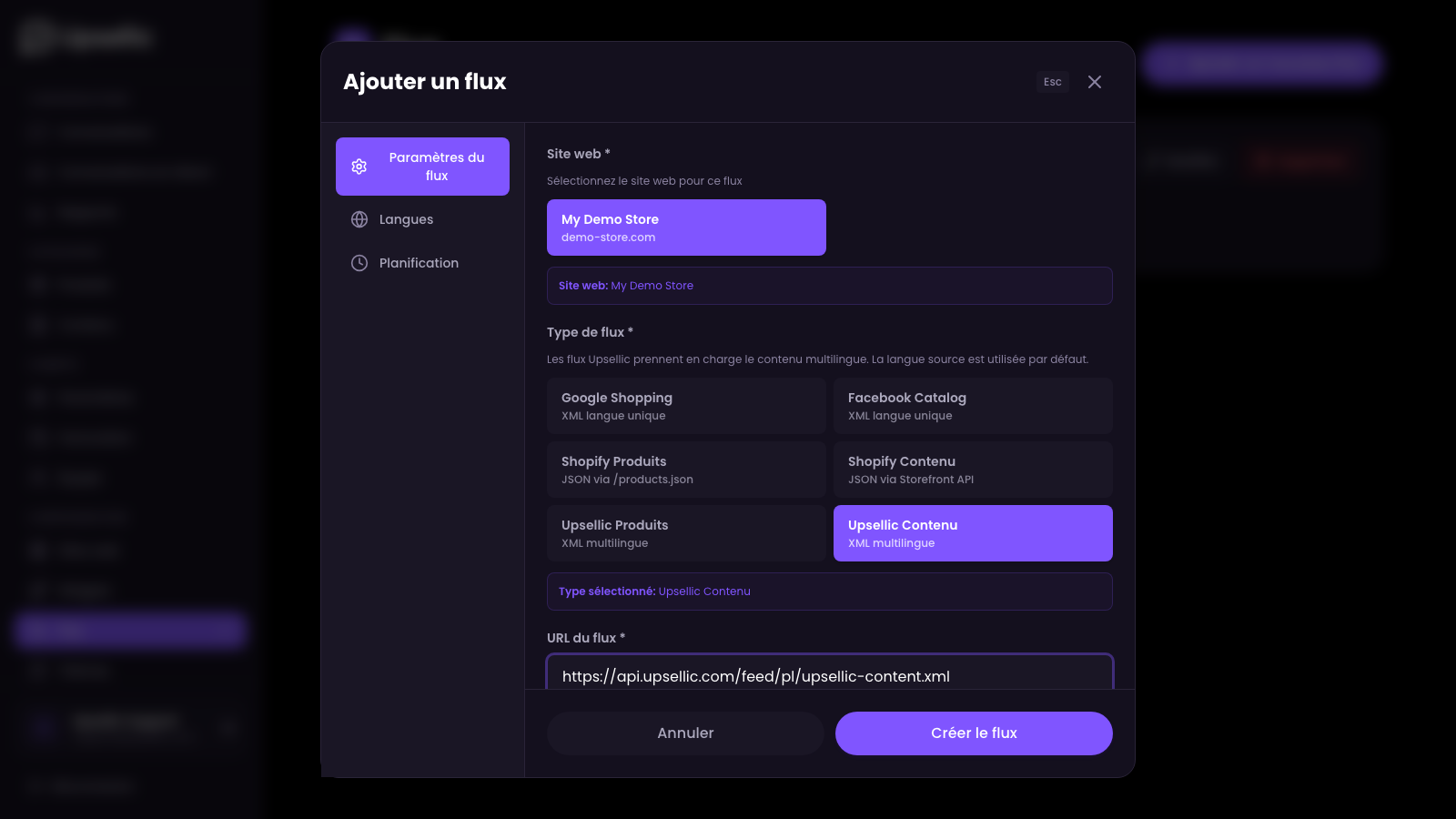Paramètres du flux de contenu