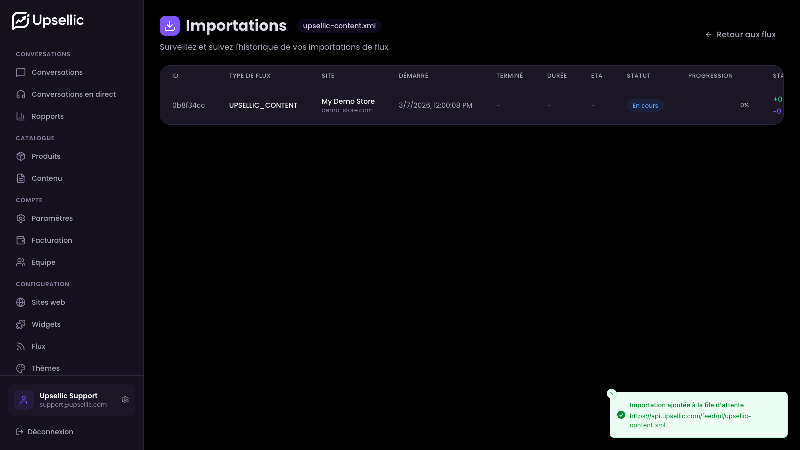 Progression de l'import