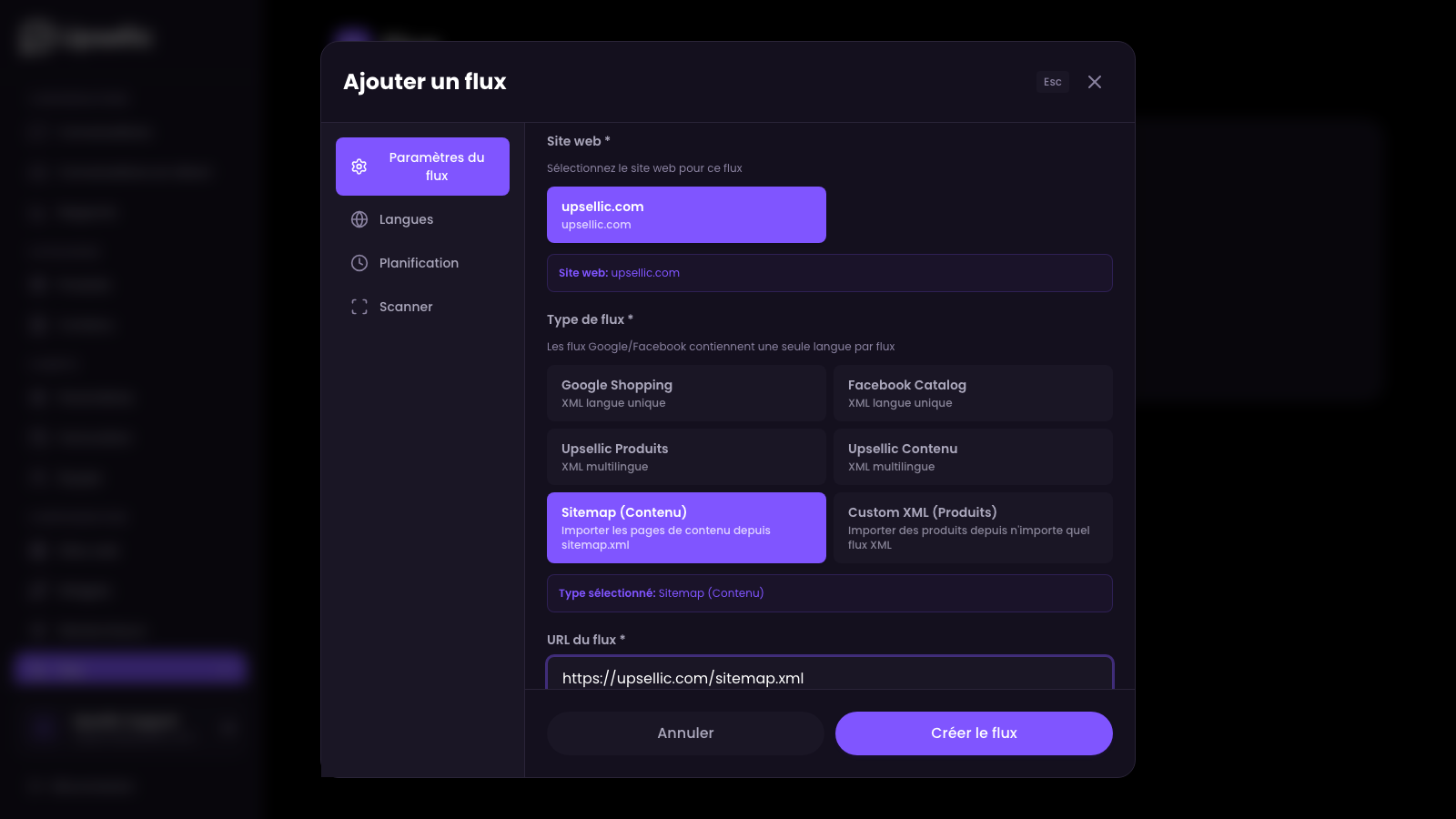 Paramètres du flux sitemap
