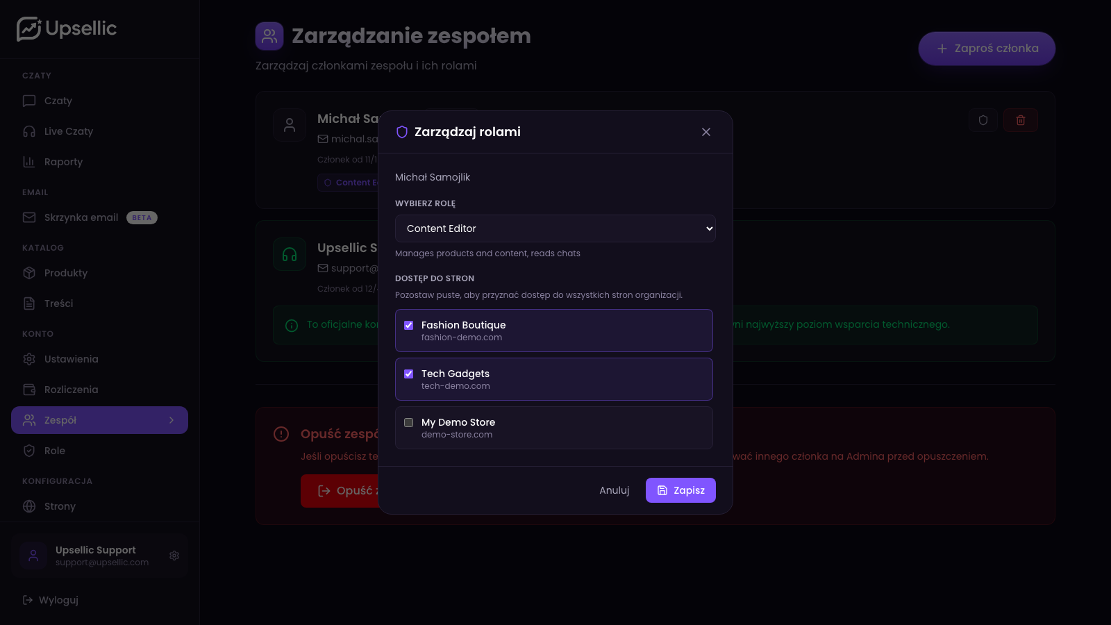 Przypisanie roli z zakresem sklepów